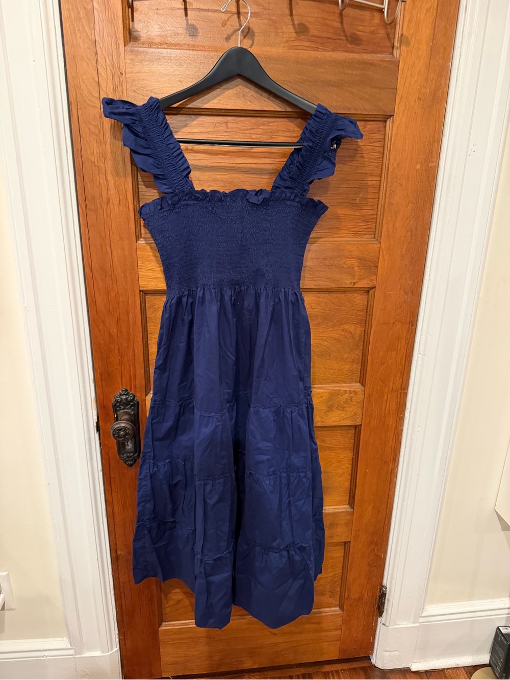 Hill House Navy Ruffle Strap Midi Dress